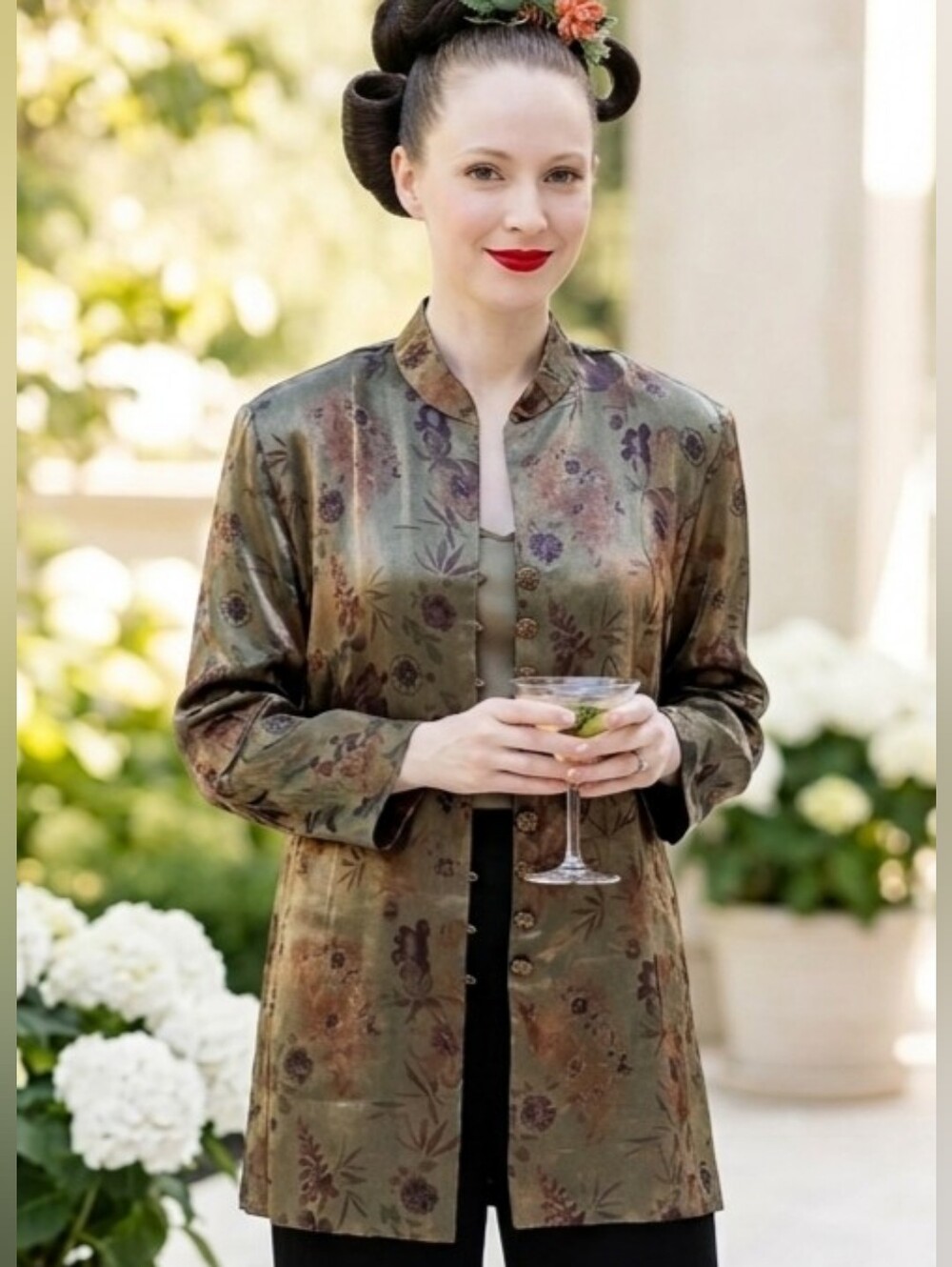 STUNNING💗Oriental Stlyle Mandarin Collar Moss Green&Gold Floral Blazer Sz 20